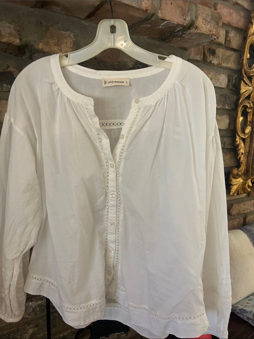 Lucky Brand White Cotton Button-Front Peasant Blouse